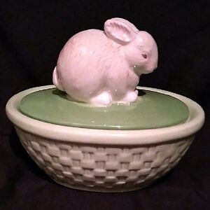 Vintage Hallmark Green Ceramic Basket with Rabbit Lid